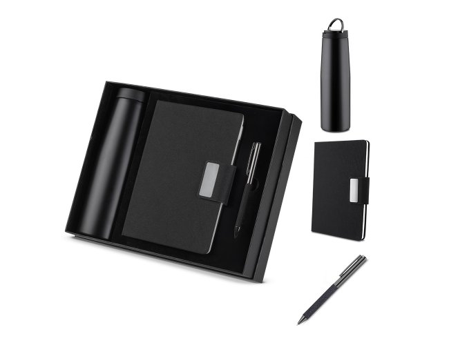 Kit escrit�rio Caderno, Garrafa e Caneta Metalica