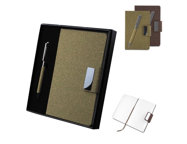 Kit escrit�rio em PU e fibra de caf� ou ch� e Caneta Metalica